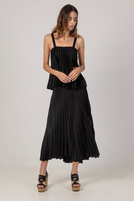 Satin pleated midi skirt with knitted details black