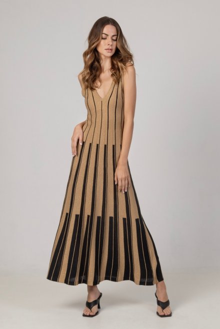 Lurex μάξι φόρεμα με v-λαιμό και v-πλάτη black -tan gold