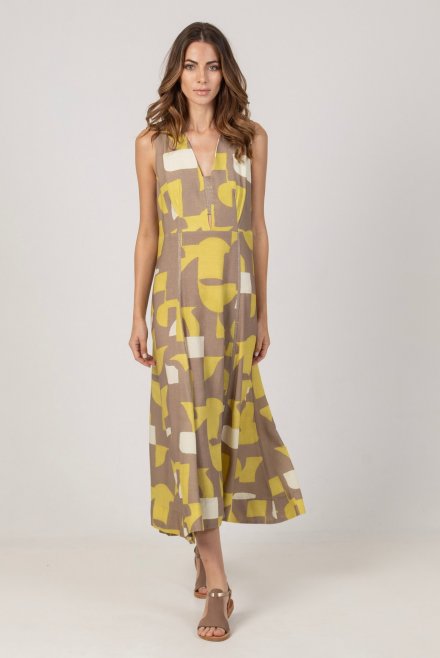 Εμπριμέ μίντι φόρεμα με λινό και πλεκτές λεπτομέρειες lime -elephant