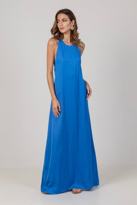 Satin maxi dress with handmade knitted details royal blue