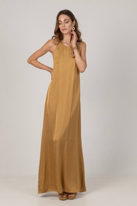 Satin maxi dress with handmade knitted details gold
