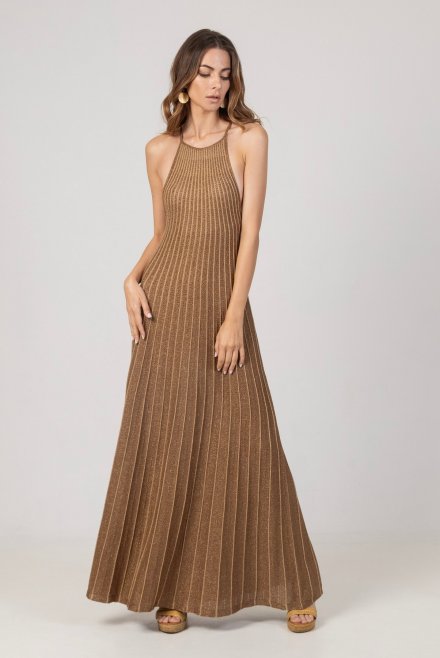 Lurex open-knit δίχρωμο μακρύ φόρεμα με παρτούς ώμους bronze -tan gold