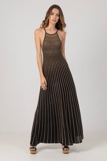 Lurex open-knit δίχρωμο μακρύ φόρεμα με παρτούς ώμους black -tan gold