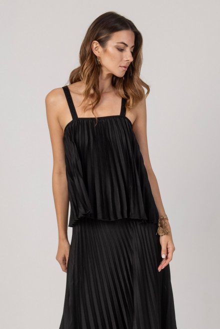 Satin pleated top with knitted details black