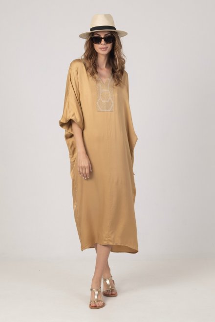 Σατέν φόρεμα-καφτάνι με πλεκτές λεπτομέρεις gold