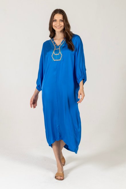 Satin caftan dress with knitted details royal blue