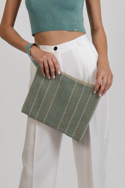 Cotton-lurex clutch bag with squares teal -tan gold -ivory