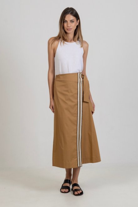 Poplin midi wrap skirt with knitted details camel