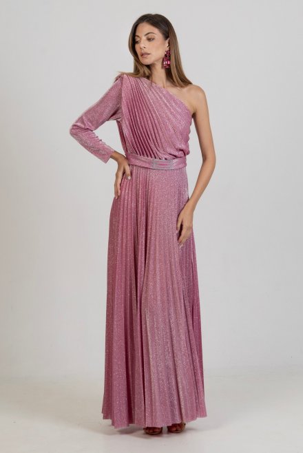 Pleated maxi dress with one shoulder and knitted details fuchsia
