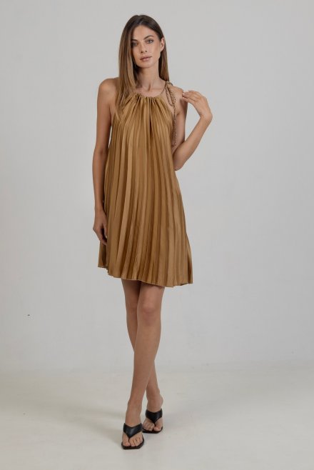 Satin pleated mini dress with knitted details bronze