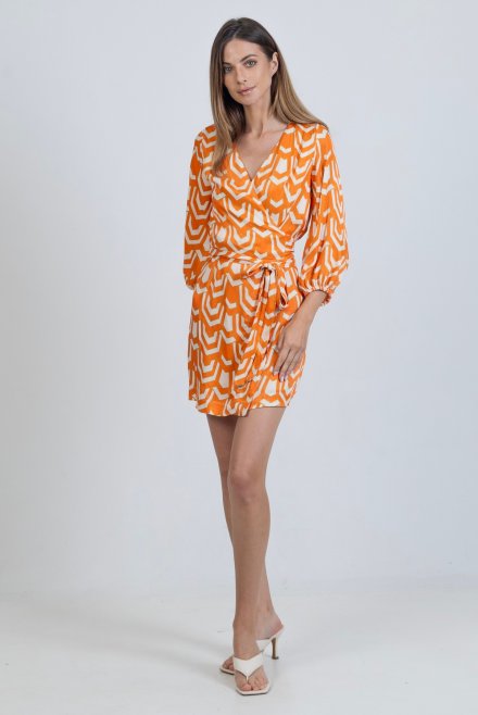 Σατέν εμπριμέ μίνι φόρεμα με πλεκτές λεπτομέριες orange-ivory-gold