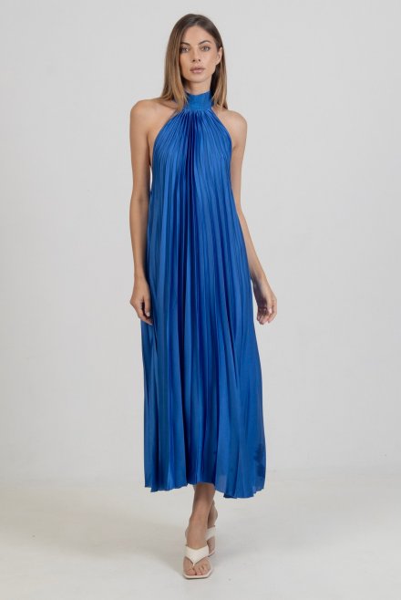 Σατέν πλισέ μιντι φόρεμα με πλεκτές λεπτομέριες royal blue