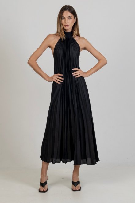 Σατέν πλισέ μιντι φόρεμα με πλεκτές λεπτομέριες black