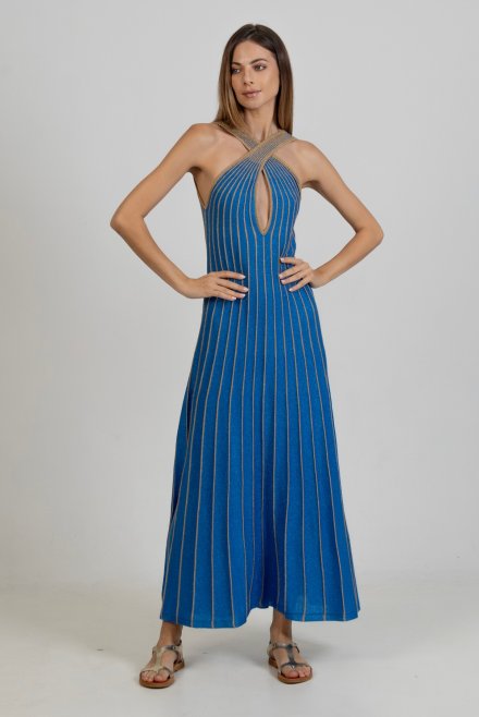 Lurex δίχρωμο μάξι φόρεμα royal blue-tan gold
