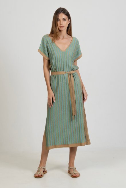 Lurex relaxed v-neck multicolored dress teal -mint -tan gold