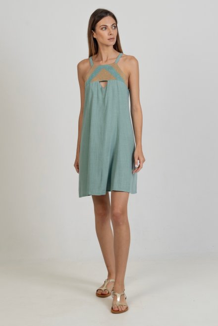 Linen blend mini dress with knitted details teal