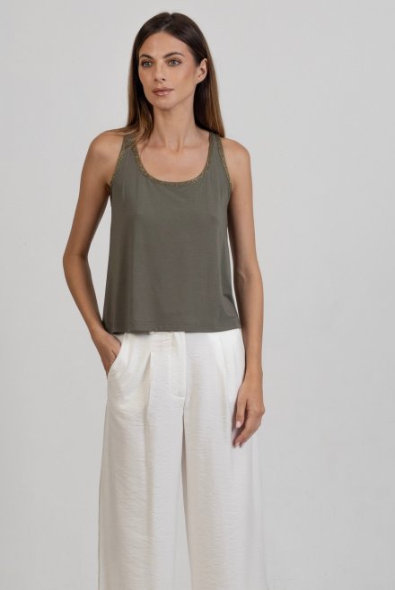 Jersey sleeveless top with knitted details khaki