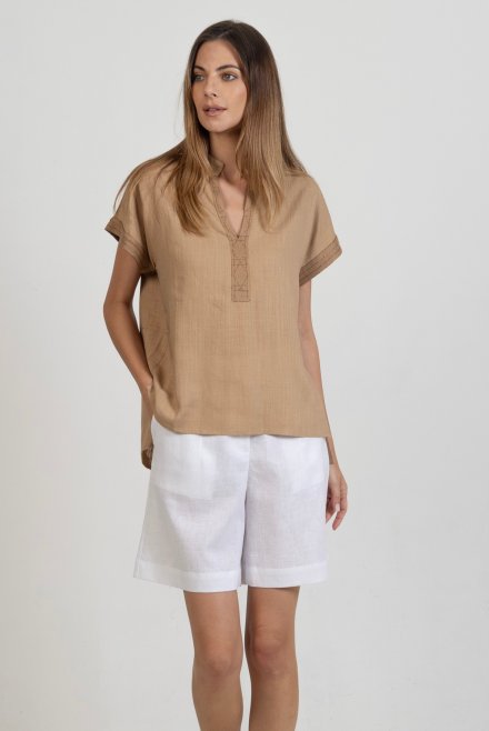 Linen blend blouse with knitted details camel