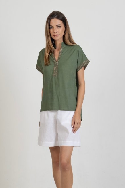 Linen blend blouse with knitted details khaki