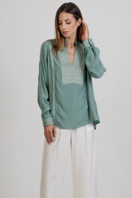 Κρεπ μαροκέν μπλούζα με πλεκτές λεπτομέρειες teal