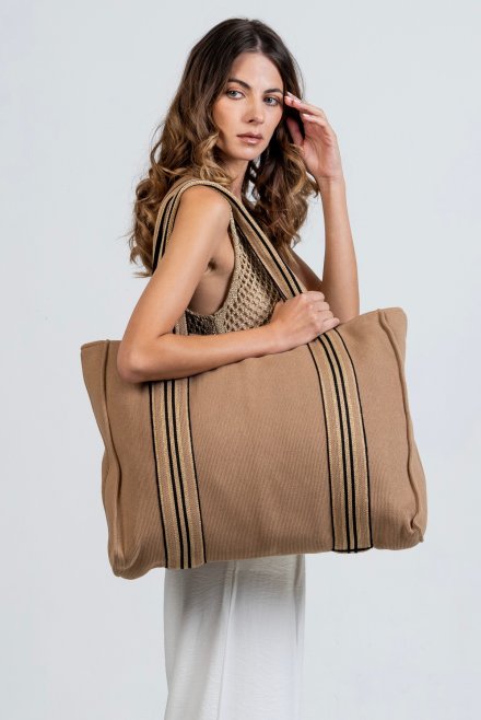 Cotton-lurex striped large tote bag warm sand -tan gold -black