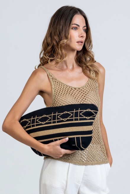 Cotton-lurex clutch bag with rhombuses black -tan gold