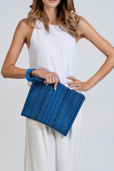 Cotton-lurex clutch bag with squares royal blue -black -tan gold