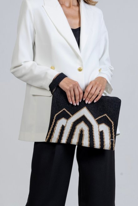 Cotton-lurex geometric pattern clutch bag black-tan gold-ivory
