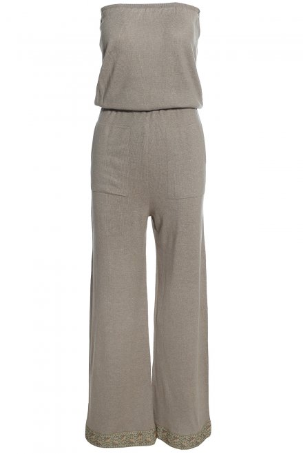 Long strapless jumpsuit with trimming at the bottom khaki cigar