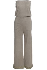 Long strapless jumpsuit with trimming at the bottom khaki cigar