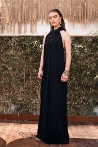 Maxi dress with handknitted collar black