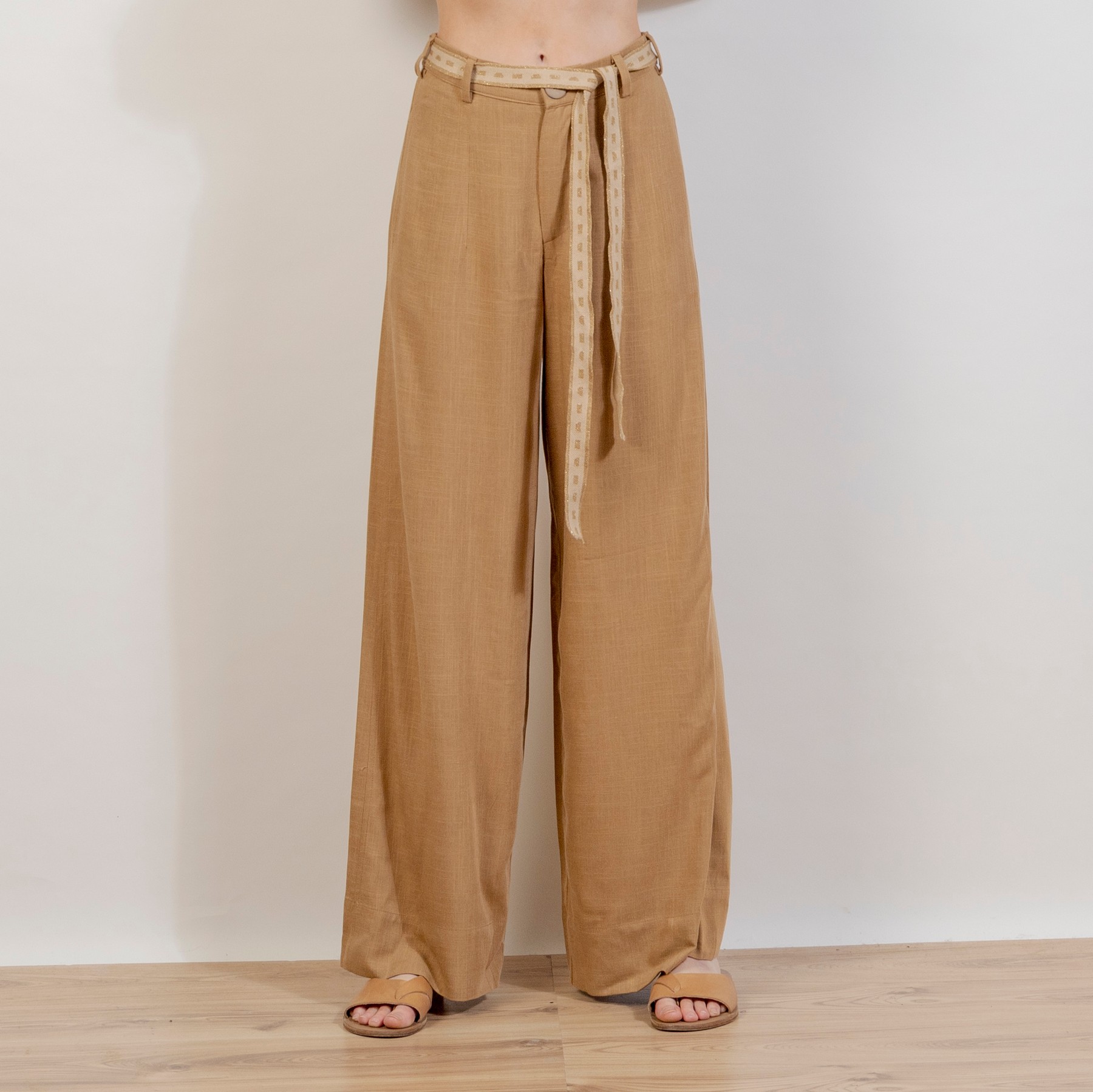 linen blend wide leg pants with knitted belt dark beige 