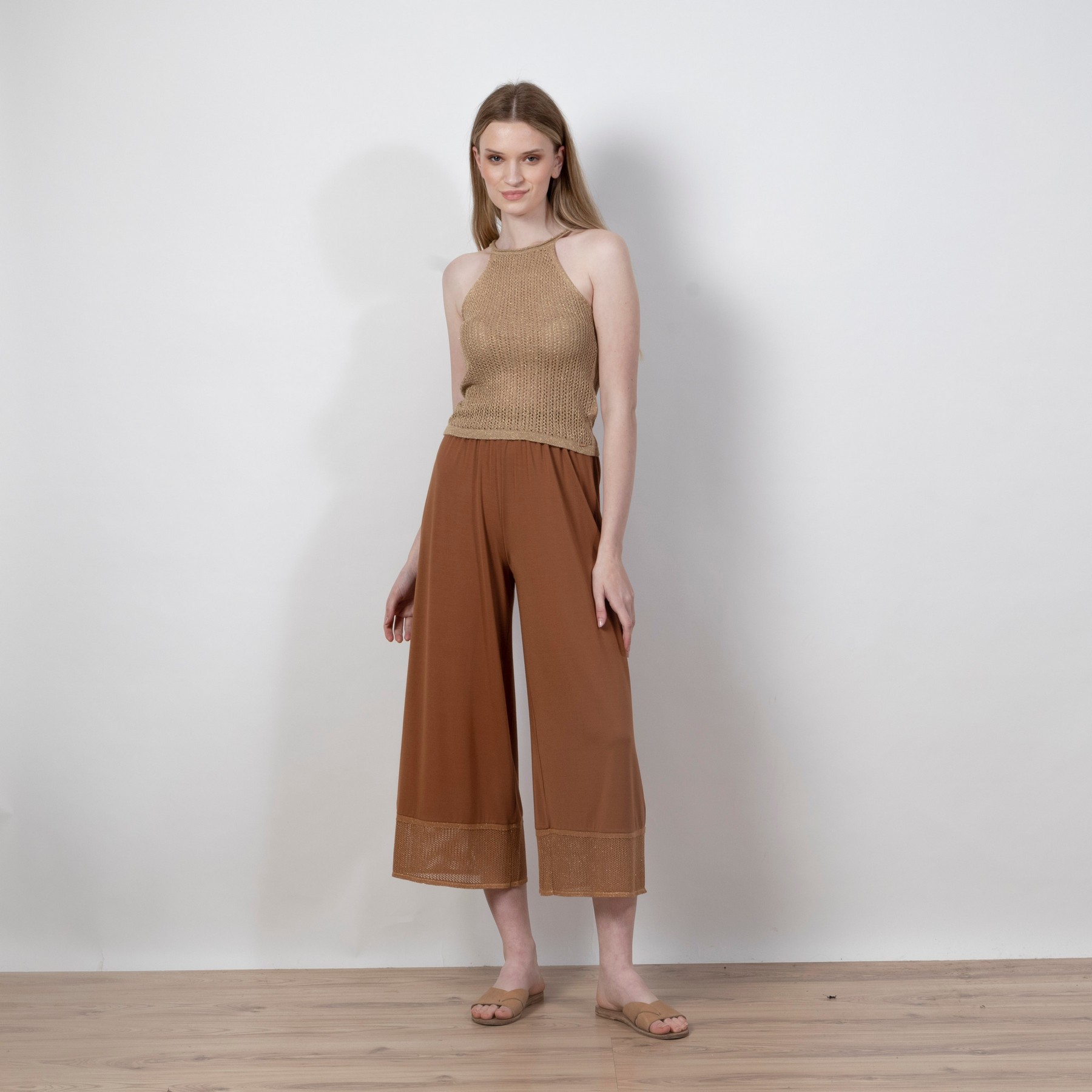 Cropped wide leg pants with knitted details summer camel 