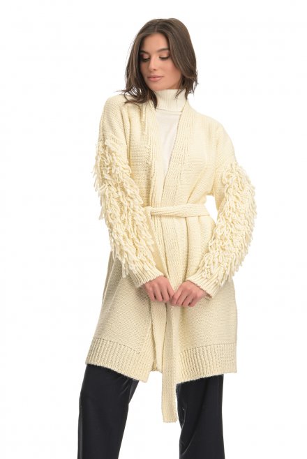 Wool blend fringed belted cardigan