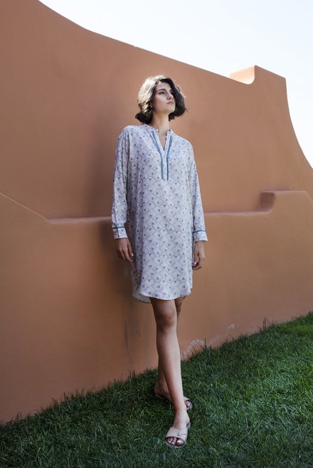 Geometric patterned shirt dress with knitted details