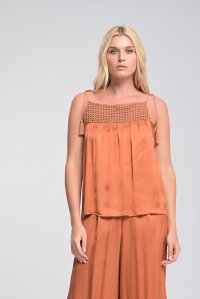 Satin cropped top with handmade knitted details peach