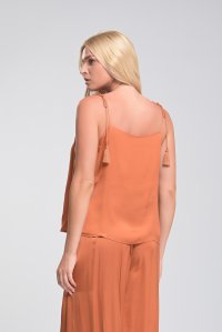 Satin cropped top with handmade knitted details peach