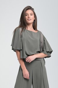 Crepe marocaine flared sleeved cropped top with knitted details khaki