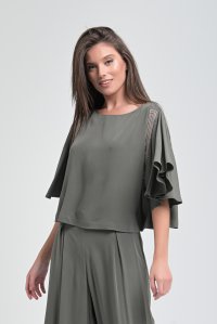 Crepe marocaine flared sleeved cropped top with knitted details khaki