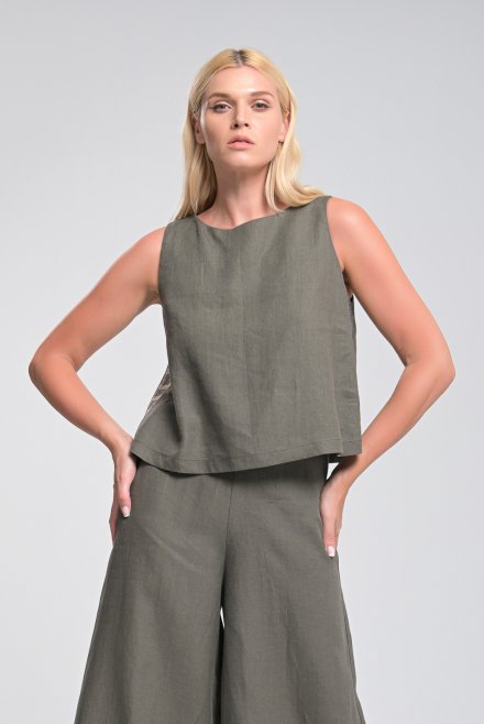 Linen flared cropped top with knitted details