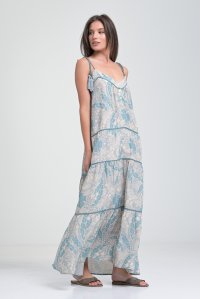 Φλοράλ maxi φόρεμα στυλ boho με πλεκτές λεπτομέρειες acqua-ivory