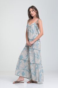 Floral patterned boho maxi dress with knitted details acqua-ivory