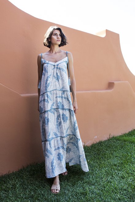 Φλοράλ maxi φόρεμα στυλ boho με πλεκτές λεπτομέρειες acqua-ivory