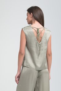 Satin open back cropped top with knitted details mint