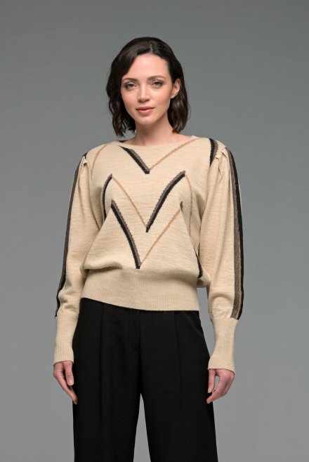 Intarsia puff-sleeved cropped top