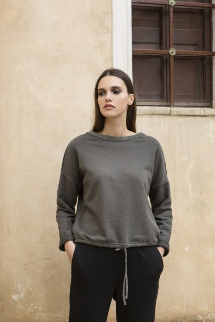 Cotton blend cropped sweatshirt with knitted details