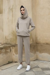 Cotton blend basic track pants with knitted details light taupe
