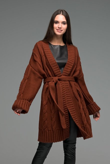 Wool blend cable knit oversized belted cardigan henna