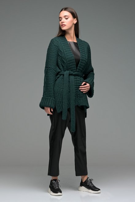 Wool blend relaxed belted cardigan dark green