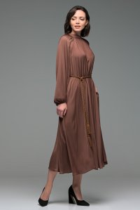 Pleated midi dress with knitted handmade rope tie belt brown